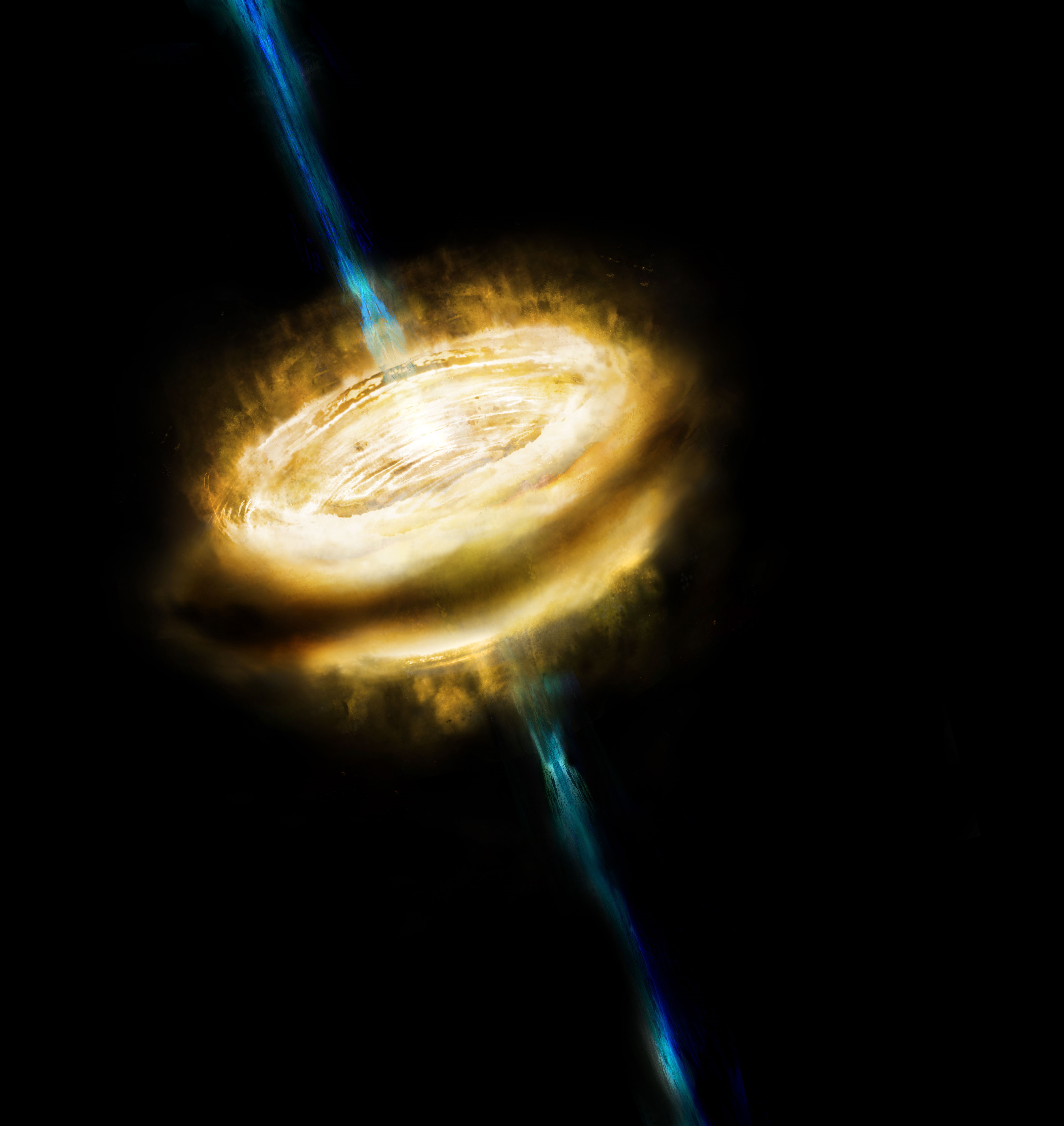 Artistic Conception of Accretion Disk and Spinning Jet around a Baby Star. Credit: ASIAA/Jung-Shan Chang